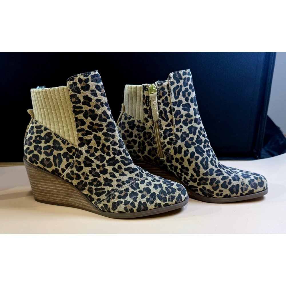 TOMS Leopard‎ Print Wedge Ankle Boots Women's Side Zip Comfort Size 8Tan Beige